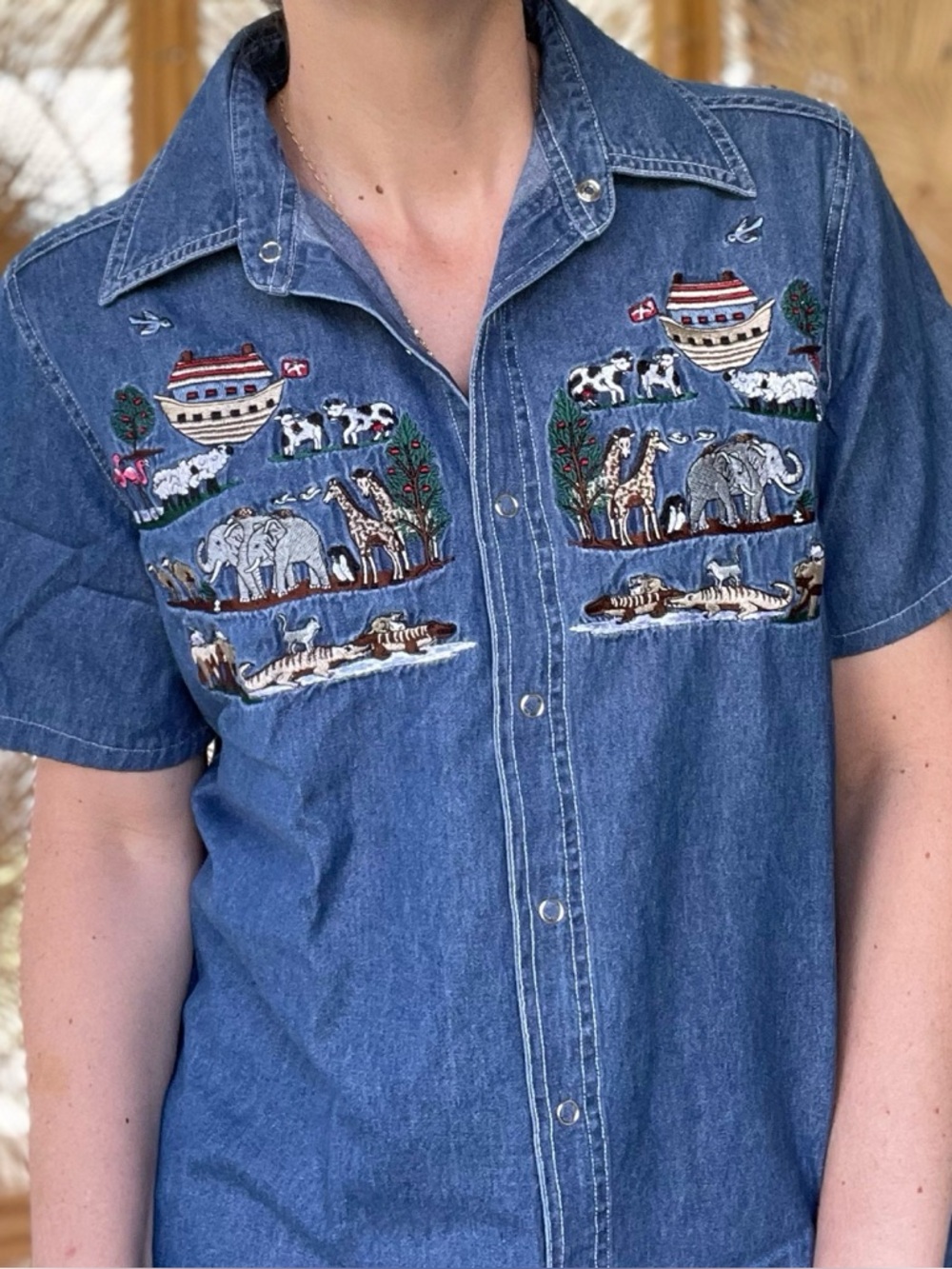Vintage Quizz Again Embroidered Noah’s Ark Lightweight Short Sleeve Denim Shirt